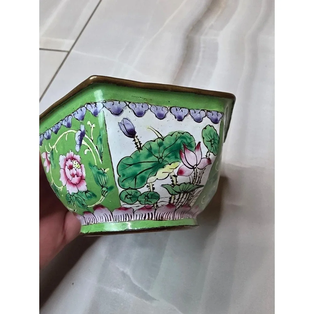 Vintage Chinese Cloisene Enamel Hexagonal Bowl Green Floral‎ Bird 4.25